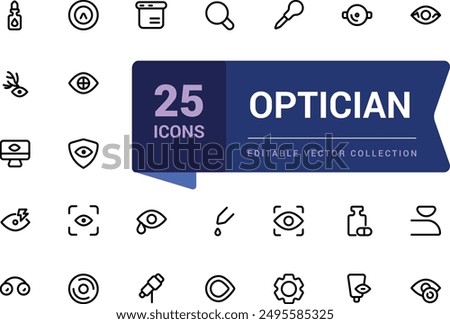 Optician and Optometry, Eye doctor line icons. Medical laser surgery, Optician board, oculist chart. Linear set. Vector Illsutration.