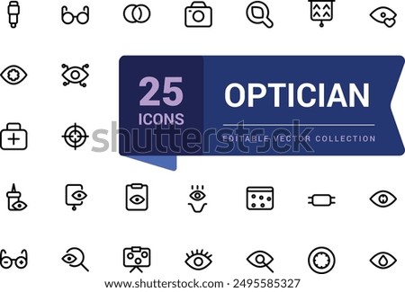 Optician and Optometry, Eye doctor line icons. Medical laser surgery, Optician board, oculist chart. Linear set. Vector Illsutration.