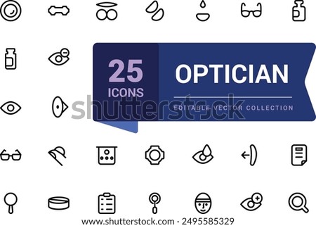 Optician and Optometry, Eye doctor line icons. Medical laser surgery, Optician board, oculist chart. Linear set. Vector Illsutration.