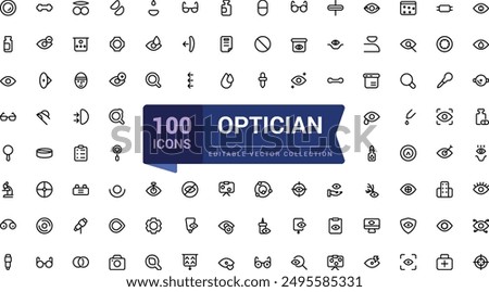 Optician and Optometry, Eye doctor line icons. Medical laser surgery, Optician board, oculist chart. Linear set. Vector Illsutration.