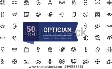 Optician and Optometry, Eye doctor line icons. Medical laser surgery, Optician board, oculist chart. Linear set. Vector Illsutration.