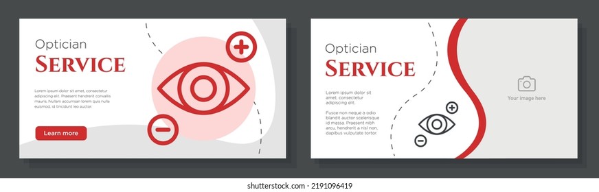 Optician service banner template set, eye sight measurement advertisement sign, optical store horizontal ad, eyes vision content marketing post, creative brochure, isolated on background.