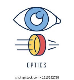 Optics color icon. Light physics branch. Optometry and ophthalmology scientific research. Light rays reflection and refraction physical effect. Visible spectrum. Isolated vector illustration