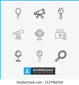 Optics icon. collection of 9 optics outline icons such as mirror, telescope. editable optics icons for web and mobile.