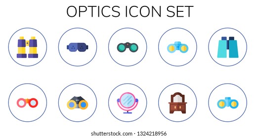 optics icon set. 10 flat optics icons.  Collection Of - binoculars, ar glasses, mirror