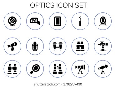 Optik-Icon-Set. 15 gefüllte Optiksymbole. Einschließlich Spiegel, Teleskop, Binokulare, Handspiegelsymbole