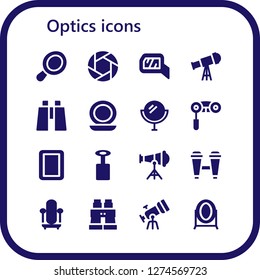  optics icon set. 16 filled optics icons. Simple modern icons about  - Hand mirror, Shutter, Mirror, Telescope, Binoculars