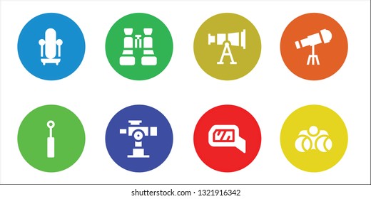 optics icon set. 8 filled optics icons.  Collection Of - Mirror, Binoculars, Telescope