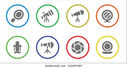 optics icon set. 8 filled optics icons.  Simple modern icons about  - Hand mirror, Mirror, Telescope, Shutter