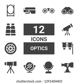 optics icon set. Collection of 12 filled optics icons included Telescope, Mirror, Binoculars, Shutter, Smart glasses