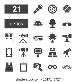 optics icon set. Collection of 21 filled optics icons included Binoculars, Camera lens, Mirror, Telescope, Smart glasses, Shutter