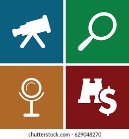 Optics icons set. set of 4 optics filled icons such as mirror, binoculars with dollar sign