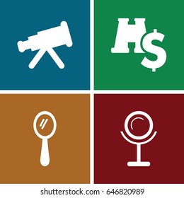 Optics icons set. set of 4 optics filled icons such as mirror, binoculars with dollar sign