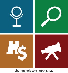 Optics icons set. set of 4 optics filled icons such as mirror, binoculars with dollar sign
