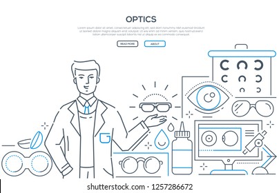 Optics - modern line design style web banner on white background with copy space for text. A composition with a male worker presenting glasses, contact lenses with accessories, eye chart, microscope