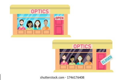 The optics are open and closed.A collection of store facades isolated on a white background.Vector illustration in flat style