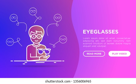 Optics shop concept: Man is trying on different eyeglasses. Gradient flat and thin line icons: sunglasses, sport glasses, rectangular, aviator. Modern vector illustration, web page template.