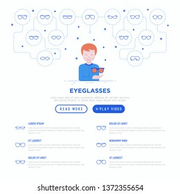 Optics shop concept: Man is trying on different eyeglasses. Gradient flat and thin line icons: sunglasses, sport glasses, rectangular, aviator. Modern vector illustration, web page template.