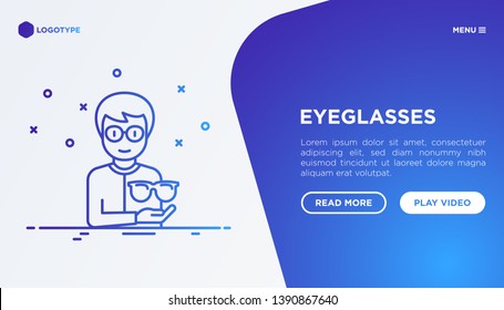 Optics shop concept: Man is trying on different eyeglasses. Thin line icons. Modern vector illustration, web page template.