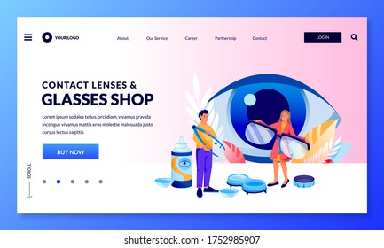Optics store banner design template. People choose glasses and contact lenses. Vector flat cartoon characters illustration. Eyesight check, vision correction and eye care concept