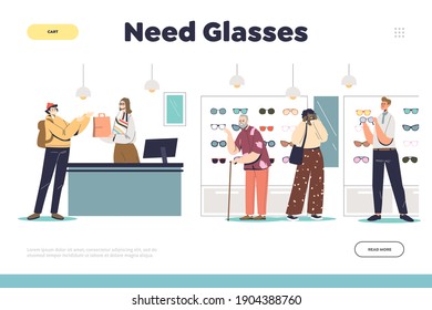 Optics store interior landing page concept with people choosing and buying eyeglasses. Modern shop with glasses. Customers trying eyeglasses. Cartoon flat vector illustration