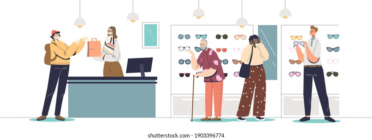 Los ópticos almacenan interiores con gente que elige y compra anteojos. Tienda moderna con visitantes de gafas probando anteojos con consultores. Dibujo vectorial plano de dibujos animados