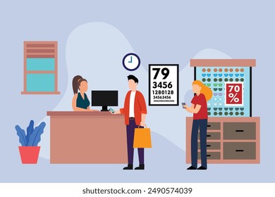 Optics store interior with people choosing and buying eyeglasses 2d flat vector illustration