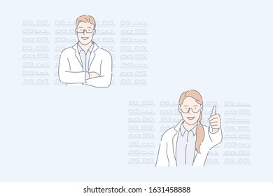 Optics store, oculist, eyes health set concept. Young man oculist advertises his optics store. Happy woman doctor shows like and presents assortment of glasses for eyes health. Simple flat vector