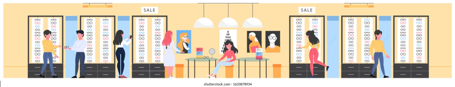 Optics store room interior. Eyeglasses for men and women. Counter, shelves with glasses. People buy new glasses. Vector flat illustration