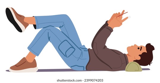 Optimal Reading Posture, Male Character Lying On Back With A Supportive Pillow, Maintaining A Straight Spine. Keep Knees Slightly Bent And Hold The Reading Material At Eye Level For Comfort svg