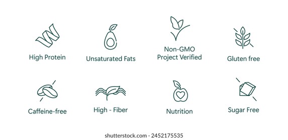 Optimal Wellness Icon: High Protein, Unsaturated Fats, GMO-Free, Gluten-Free, Caffeine-Free, High Fiber, Nutritious, Sugar-Free Vector Design