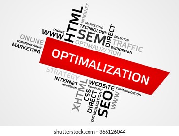 OPTIMALIZATION word cloud, tag cloud, vector graphics - business and internet concept