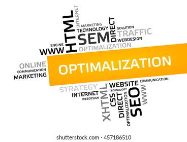 OPTIMALIZATION word cloud, tag cloud, vector graphic - business and internet concept