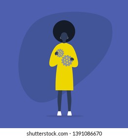 Optimisation concept. Young black female character holding two gear wheels. Efficiency. Managing the business processes. Flat editable vector illustration, clip art