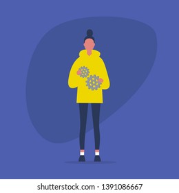 Optimisation concept. Young female character holding two gear wheels. Efficiency. Managing the business processes. Flat editable vector illustration, clip art