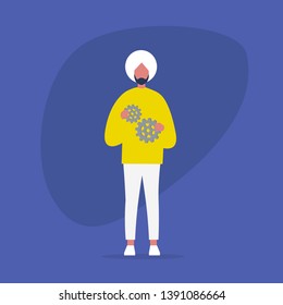 Optimisation concept. Young indian character holding two gear wheels. Efficiency. Managing the business processes. Flat editable vector illustration, clip art