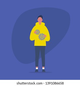 Optimisation concept. Young male character holding two gear wheels. Efficiency. Managing the business processes. Flat editable vector illustration, clip art