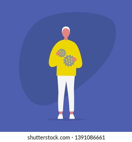Optimisation concept. Young male character holding two gear wheels. Efficiency. Managing the business processes. Flat editable vector illustration, clip art