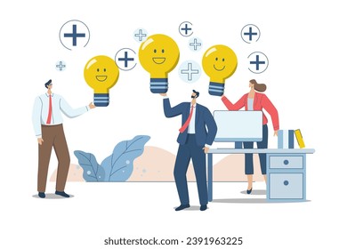 Actitud optimista o pensamiento positivo, la inteligencia emocional inspira a compañeros de trabajo y vida felices, hombres de negocios felices y compañeros de trabajo sosteniendo conceptos de bombilla luminosa sonriendo en una atmósfera positiva.