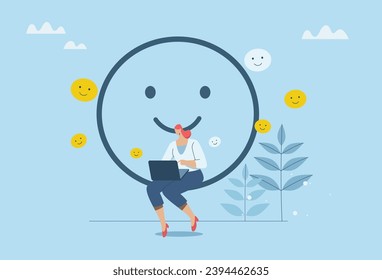 Optimism attitude or positive thinking, Emotional intelligence inspires and brings happiness in work and life, Businesswoman sits with a smiling face in a good atmosphere. Vector design illustration.