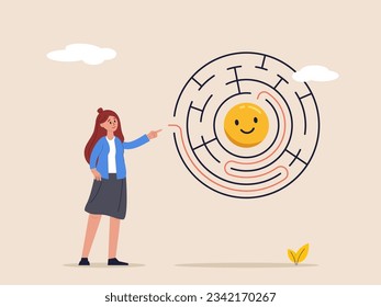 Optimism concept. Finding happiness, positive thinking or emotion intelligence, solution to searching for happiness, frustrated woman find the way to happy smile in the middle of labyrinth puzzle.