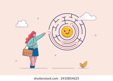 Optimism concept. Finding happiness, positive thinking or emotion intelligence, solution to searching for happiness, frustrated woman find the way to happy smile in the middle of labyrinth puzzle.