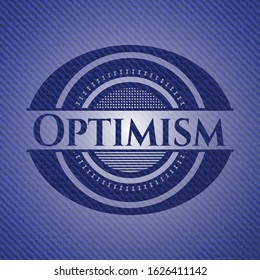 Optimism emblem with jean background. Vector Illustration. Detailed.