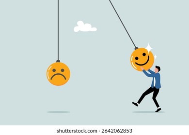 Optimism, happiness or positive thinking inspires others to be happy, emotional happiness and sadness, man holding a pendulum ball with a smiley face to hit other people's sad faces.