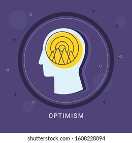 Optimism icon concept with mountain and sun inside in the drawing of human brain