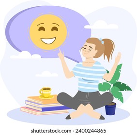 Optimism illustration. Happy woman sitting and singing. Concept of optimism, feeling of happiness, positive thoughts or emotions, good mood, optimistic point of view.