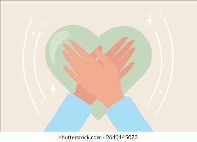 Optimism and mental health concept. Love yourself, Self care, human hand hugging heart acceptance and self love. Positive psychology. Hand drawn style vector design illustrations.