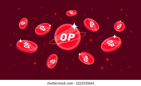 Optimism (OP) coins falling from the sky. OP cryptocurrency concept banner background.