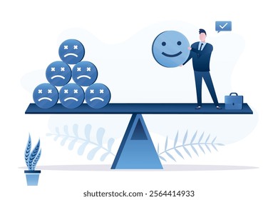 Optimism or positive thinking. Balancing happiness and sadness. Funny emojis and male character on scales. Businessman balancing between negative emotions and good mood. flat vector illustration