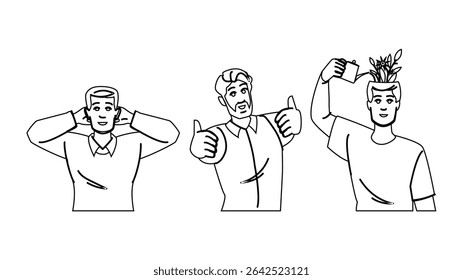 otimismo pensamento positivo homem vetor. confiança resiliência, gratidão motivação, felicidade crescimento otimismo pensamento positivo homem personagem. pessoas linha preta lápis desenho ilustração